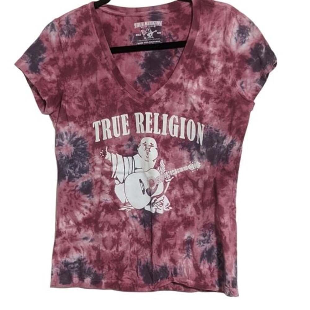 True Religion Tie Dye Pink Purple V Neck Buddha Graphic Tee Shirt
